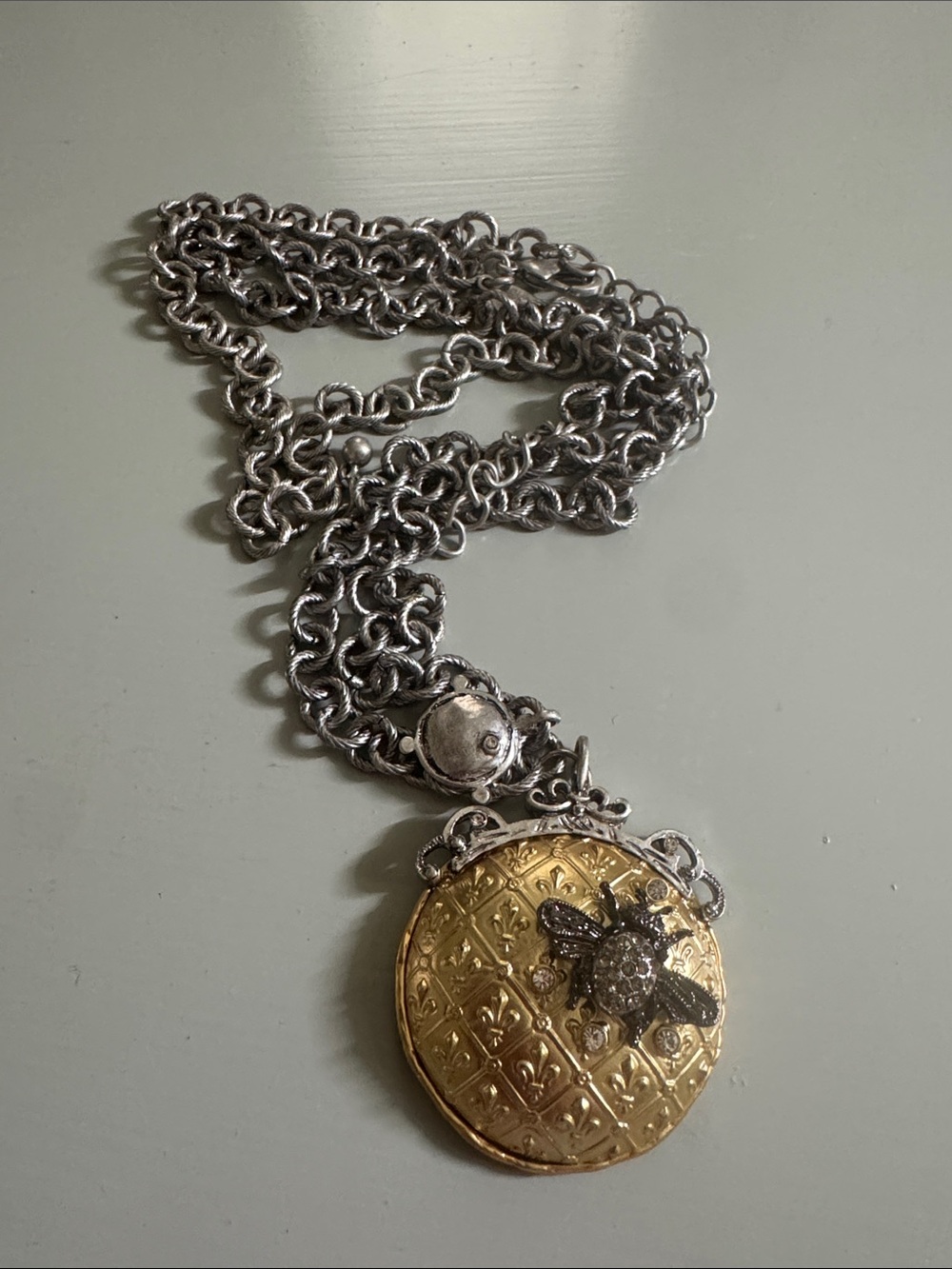 Chico's Two-Tone Bee Locket Necklace in Gold and Silver